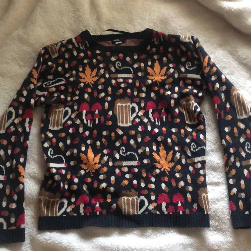URBAN OUTFITTERS old school weed/beer/cigarette/pill/mushroom sweater